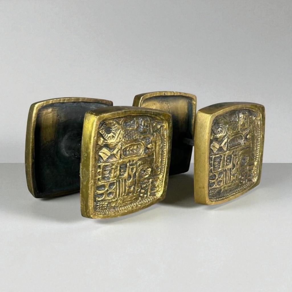 Paul Evans Style Brutalist Cast Bronze Door Pulls: Paul Evans Style Brutalist Cast Bronze Door Pulls, c.1960's-70's. Large scale square form bronze door handles or pulls, relief cast with organic abstract shapes, the back stamped BA. Dimensions: 6 x 6