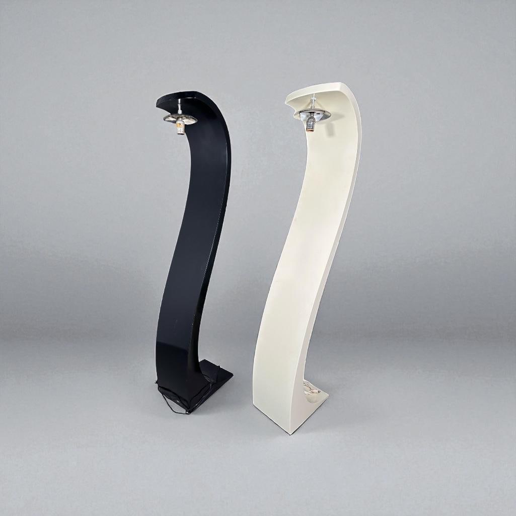 Pair of Floor Lamps by Jack Haywood for Modeline of California: Pair of Serpentine Floor Lamps by Jack Haywood for Modeline of California, c. 1960's, gentle s-form, in molded fiberglass with pendant bulb (lacking globe shades), one enameled in white, the other in