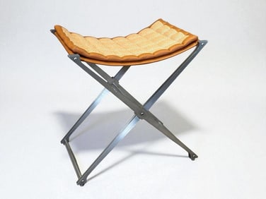 Steel and Leather Upholstered Campaign Style X-Form Stool