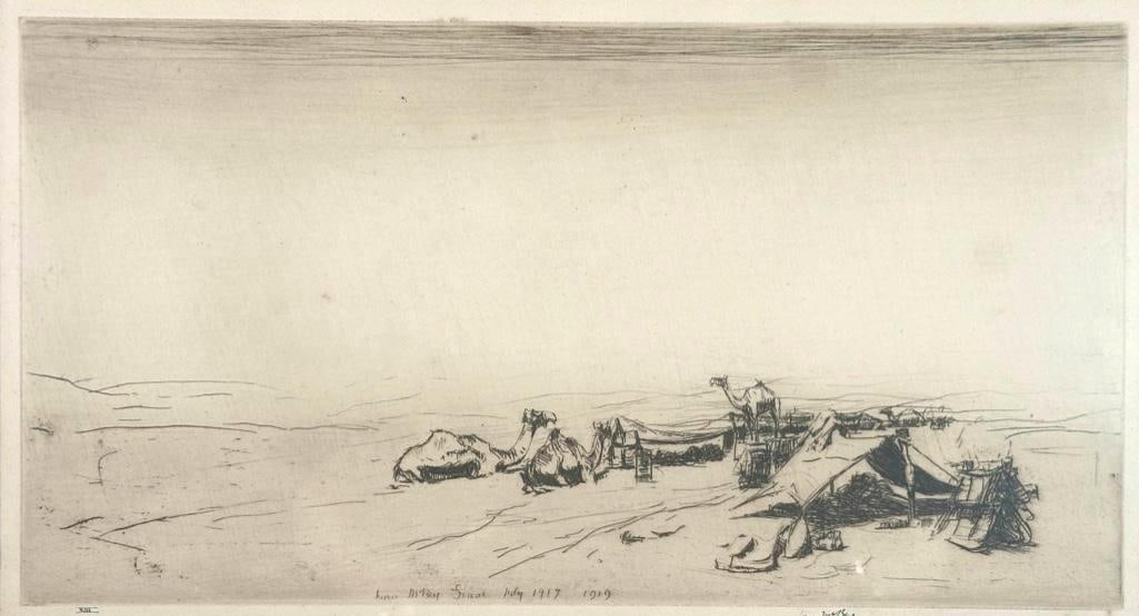 James McBey Etching, "Sinai, Midday Halt": James McBey (British 1883-1959) "Sinai, Midday Halt, " 1919, etching on paper, signed in pencil lower right, numbered XIII lower left, signed, inscribed and dated in the plate lower center, matted and