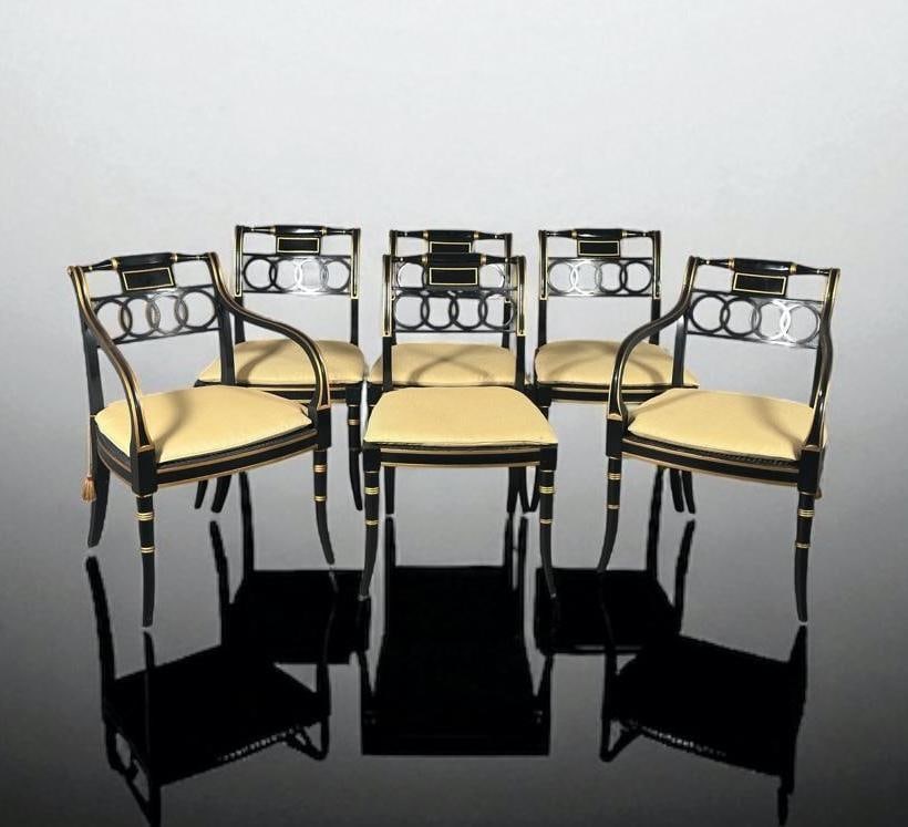 Set of Six Baker Historic Charleston "Governor Alston" Dining Chairs: Set of Six Baker Historic Charleston "Governor Alston" Dining Chairs, Regency style forms in ebonized wood with gilded details, comprising two armchairs and six side chairs, with turned crests over in