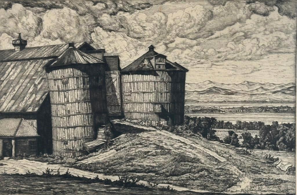Luigi Lucioni Etching, "Pillars of Vermont": Luigi Lucioni ( American 1900-1988) "Pillars of Vermont, (Shelburne, VT)" 1939, etching on Japanese wove paper, signed in pencil lower right, edition of 201 plus 10, printed by Anderson-Lamb, Brooklyn