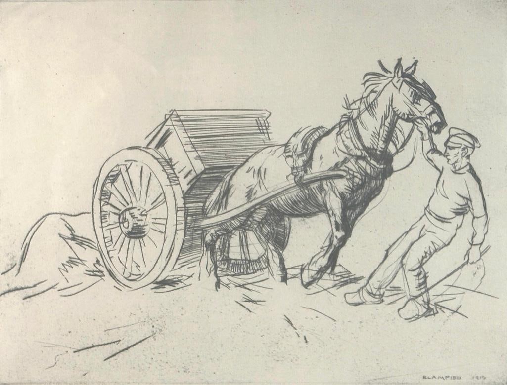 Edmund Blampied Drypoint, "Work in the Fields": Edmund Blampied (British 1886-1966) "Work in the Fields," 1915, drypoint, signed in pencil lower left, signed and dated in the plate, matted and framed. Dimensions: 8.5 x 11 in. plate size, 15 x 20 in