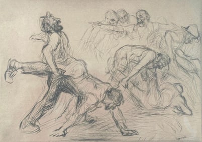 Edmund Blampied Etching, " Wheelbarrow Race"