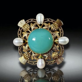 18K Yellow Gold, Pearl and Green Stone Thistle Pin