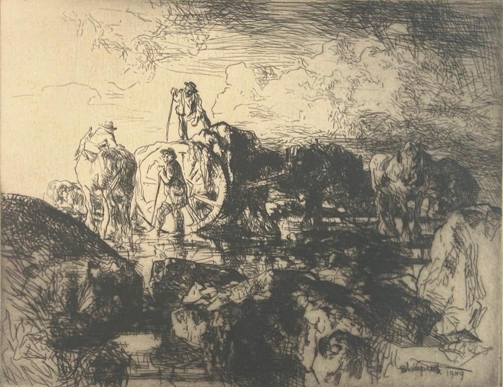 Edmund Blampied Etching, " A Jersey Vraic Cart": Edmund Blampied (British 1886-1966) "A Jersey Vraic Cart," 1939, etching on Whatman laid paper, signed in ink, lower center, signed and dated in the plate, edition of 250 plus 10, printed by David Str