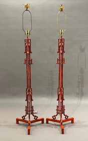 Pair of Red Painted Faux Bamboo Floor Lamps