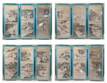 Twelve Japanese Painted Panels from a Pair of Screens, Kano School, 18th Century