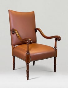 Inlaid Wood and Leather Upholstered Armchair