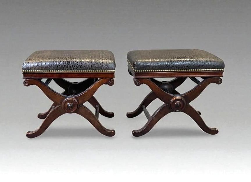 Pair of Faux Alligator Leather Upholstered X Form Benches: Pair of Faux Alligator Leather Upholstered X Form Benches, modern, in Mahogany wood X frame form, covered in new navy blue faux alligator leather upholstery with nail head trim. Provenance: Collection