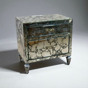 Faux Antiqued Mirrored Two Drawer Side Cabinet, Modern