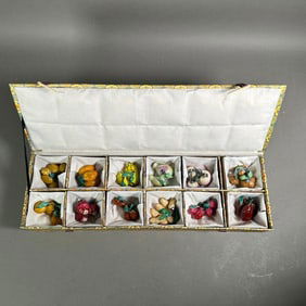 Twelve Chinese Ceramic Temple Offerings in Fitted Brocade Box