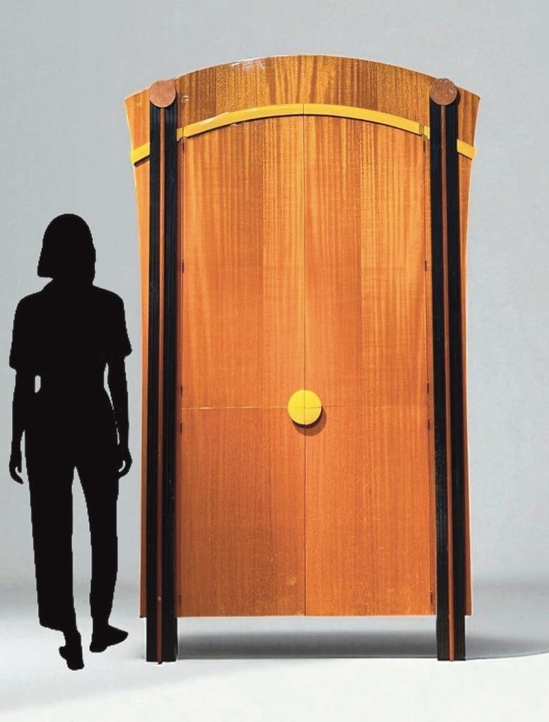 Custom Dakota Jackson Armoire: Custom Dakota Jackson Armoire, c.1980's, in exotic wood, yellow lacquered wood and ebonized wood, fitted with red marble discs to the top, with four hinged doors opening to a fitted interior with eigh