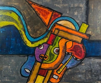 Rufus Ogundele Oil on Paper "Three Masks"