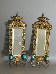 Pair of Brass and Champleve Enamel Mirrored Sconces