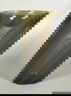 Rene Lalique "Gobelet Six Figurines" Topaz Colored Vase: Rene Lalique "Gobelet Six Figurines, " Topaz Colored Vase, designed in 1912, of tapering cylindrical form in brownish olive glass molded and frosted with six individual vestal figures, each with halo