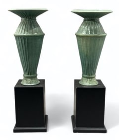 Pair of Large Scale Green Glazed Ceramic Vases by Kevin Lehman