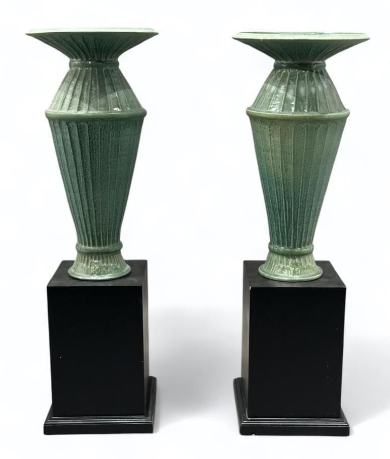 Pair of Large Scale Green Glazed Ceramic Vases by Kevin Lehman (1 of 12)