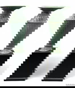 Pair of Large Scale Green Glazed Ceramic Vases by Kevin Lehman: Kevin Lehman (American, 20th/21stc) Pair of Large Scale Green Glazed Ceramic Vases, 2004, tapering cylindrical forms with wide mouths and flared foot incised with leaf like forms, in mottled green