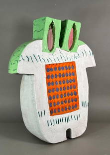 Mary Jo Bole Large Ceramic Sculpture, "Facade": Mary Jo Bole (American 20th/21stc.) "Facade," glazed ceramic sculpture, slab built and glazed terracotta, incised signature to base. Dimensions: 24.5 x 19.5 x 12 in. Condition: Very good with small