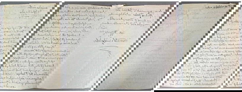 Autographed Letter to his Father by Robert Louis Stevenson, Paris, 1877: French Elections. Autographed letter signed "Robert Louis Stevenson," three pages, 8vo, unpublished, Paris (Oct. 10th, 1877), to his father. Offered in a red silk moiree wrapper. Sold by Sotheby's