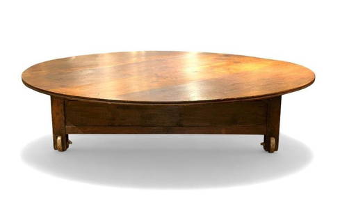 Very Large Antique French Sculptor's Table, 19th-20thc.: Very Large Antique French Sculptor's Table, 19th-20thc. The large circular top on a squared solid wood base with pinned construction, raised on turned wood wheels. Provenance: Amy Perlin Antiques,