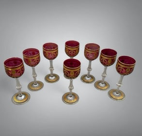 Seven St. Louis "Congress" Pattern Cranberry Colored Glass Wines