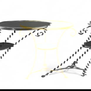 Gilt Bronze and Marble Gueridon Table: Gilt Bronze and Marble Gueridon Table, circular top with inset black granite or marble, raised on scrolled tripod legs joined by a stretcher shelf with inset matching stone, the legs ending in paw