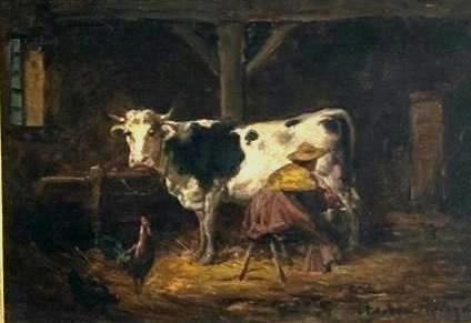 Theodore Sevigny Oil, Woman Milking Cow: Theodore Sevigny (French 19thc.) Woman Milking Cow, oil on wood panel, signed lower right, framed. Dimensions: 7.5 x 10.5 in. panel size, 15 x 18 in. as framed. Condition: Good antique condition with 