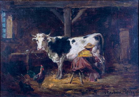 Theodore Sevigny Oil, Woman Milking Cow: Theodore Sevigny (French 19thc.) Woman Milking Cow, oil on wood panel, signed lower right, framed. Dimensions: 7.5 x 10.5 in. panel size, 15 x 18 in. as framed. Condition: Good antique condition with