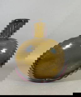 Seguso Murano Blown Glass Vase: Seguso Murano Blown Glass Vase, hand blown free form ovoid form with cylindrical neck in translucent olive green/brown glass with Sommerso style clear interior, with Seguso Murano label. Base