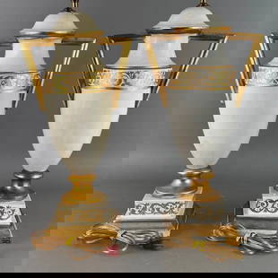 Pair of White Painted and Gilded Wood Table Lamps, Brunschwig & Fils: Pair of White Painted and Gilded Wood Table Lamps, made by Arrowsmith, Millbrook, New York and retailed by Brunschwig & Fils, of baluster urn form with squared handles, in cream white paint decorated