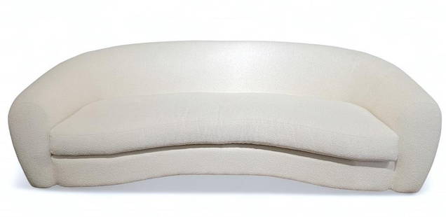 Restoration Hardware Sylvain Sofa: Restoration Hardware Sylvain Sofa, with curved back, arms and seat, upholstered in white performance boucle fabric. Dimensions: 30.5 in.h. x 96 in.l. x 41 in.d. Condition: Very good, clean and sturdy.