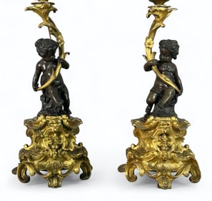 A Pair of French Rococo Style Bronze Figural Candelabra Lamps