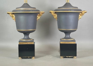 A Pair of Empire Style Black Basalt Urn Form Table Lamps