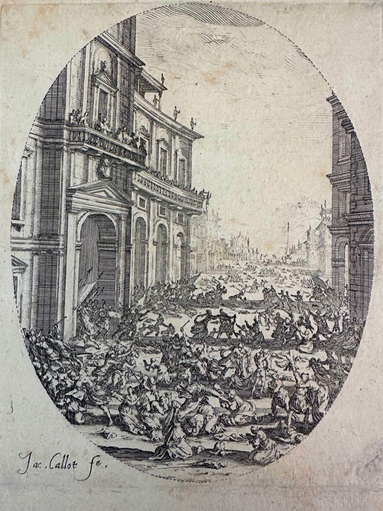 After Jacques Callot Engraving, from "Le Massacre des Innocents": After Jacques Callot (1592-1635), engraving from "Le Massacre des Innocents". Dimensions: 5.25 x 4.25 image size, 6.75 x 4.75 sheet size. Condition: Foxing and some stains on recto and verso, some not