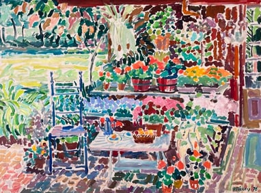 Joseph B. O' Sickey Oil, Garden and Still Life Arrangement with Blue Chair