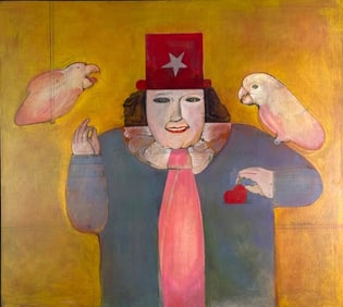 Mary Spain Oil, "Magician and Two White Parrots"