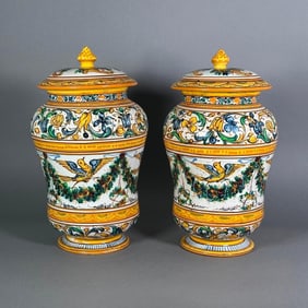Pair of Italian Majolica Albarelli Jars with Covers