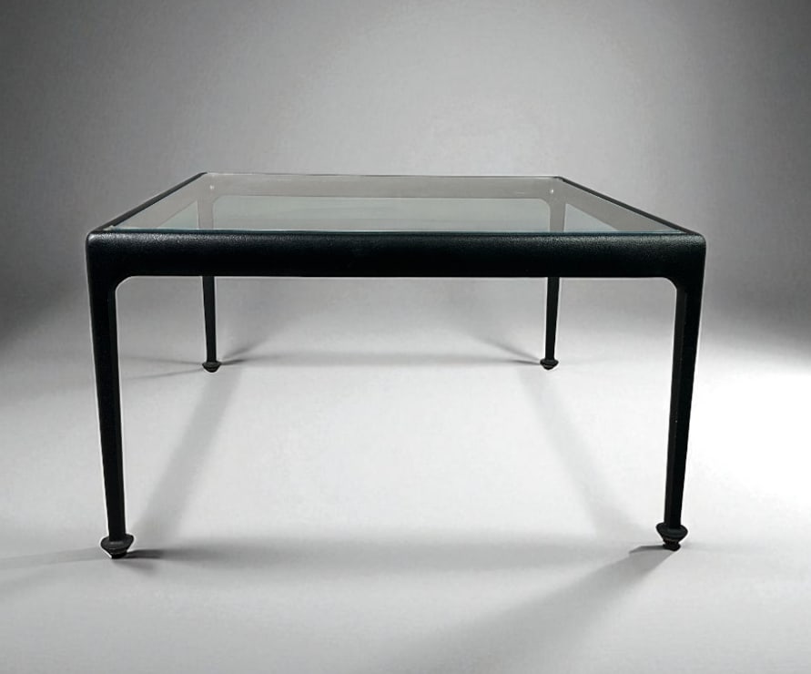 Richard Schultz for Knoll Outdoor End Table: Richard Schultz for Knoll, Outdoor End Table, designed for Florence Knoll in 1966, welded, cast and extruded aluminum with weather resistant black powdercoated finish, with inset glass top. Dimensions