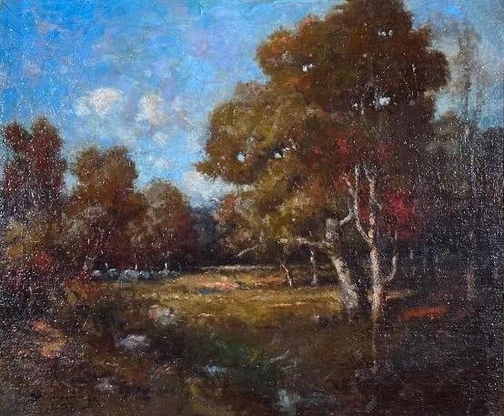 Attributed to Henry Ward Ranger, 1858-1915: Oil on canvas, illegibly signed lower left in black. Clearing in a wooded landscape, with visible stream coursing from the center to the left; a sunlit area in the center. Framed in a gilt wood deep-s