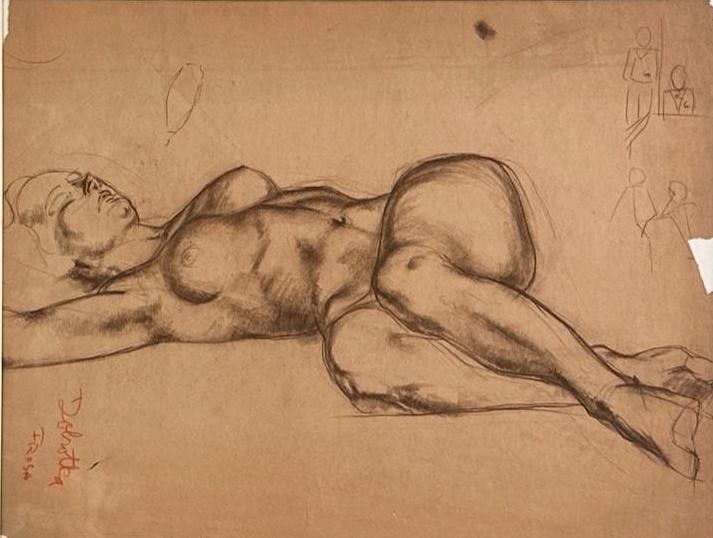 Edward Dobrotka Charcoal Drawing, "Frosh": Edward Dobrotka (American 1917-1977) "Frosh," charcoal on brown paper, signed and titled lower left. Matted. Dimensions: 16 x 21 in. image size. Condition: Paper is brittle with tears, creases, chips