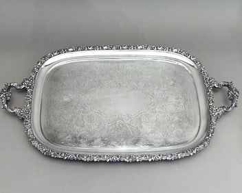 Large English Engraved Silver Plated Tray with Handles