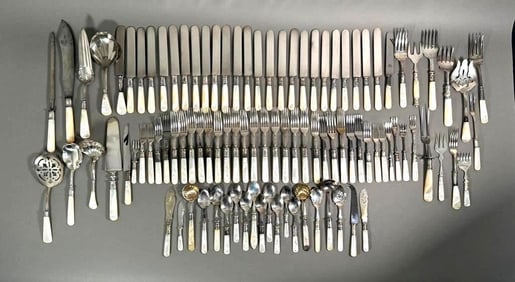 Large Assembled Grouping of Mother of Pearl Handled Silver Plated Flatware