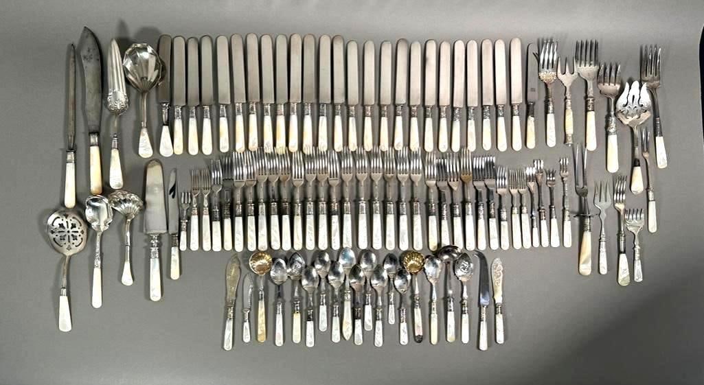 Large Assembled Grouping of Mother of Pearl Handled Silver Plated Flatware (1 of 15)