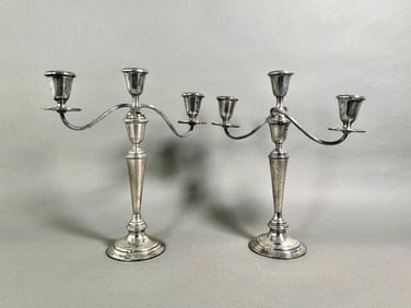 A Pair of Newport Sterling Silver Weighted Three Light Candelabra