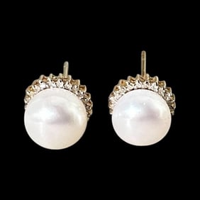Pearl and Melee Diamond Stud Earrings