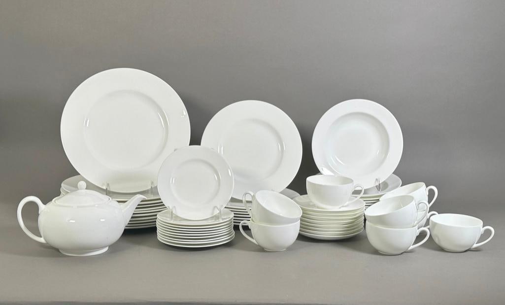Wedgwood White Bone China Dinner Service: Wedgwood White Bone China Dinner Service, comprising; 11 Dinner Plates, 10.75 in. dia, 8 Salad Plates, 9 in.dia. 8 Soup Bowls, 8 in. dia. 10 Bread and Butter Plates, 6 in. dia. a Teapot together with