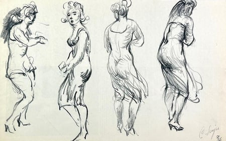 Clyde Singer Charcoal Drawing, Four Figure Studies