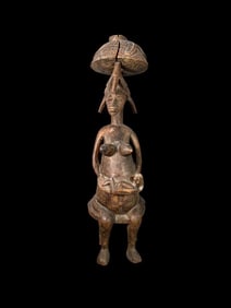 African Senufo Carved Wood Figure of Seated Woman with Baby